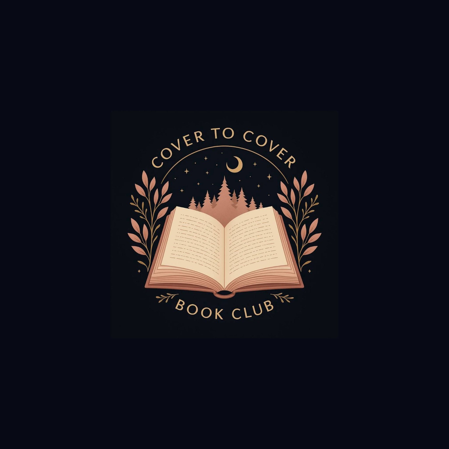 Cover to Cover Book Club — open book, forest and crescent moon